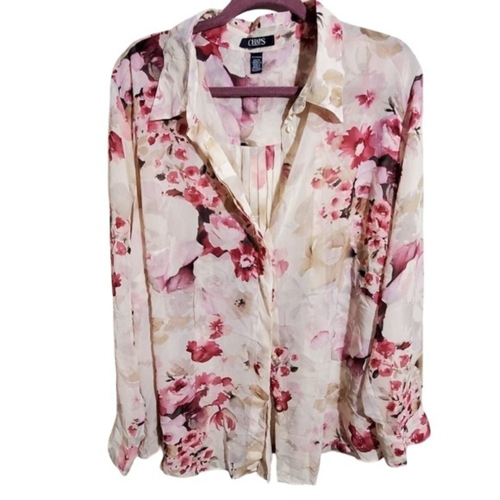 Chaps Womens Pink‎ Floral Button Down Shirt Pleated Back Blouse Feminine 3XNew - Picture 5 of 11